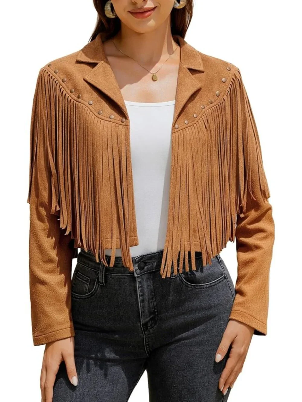 Women's Brown Fringe Faux Suede Leather Jackets Fashion Fall Western Tassel Coat